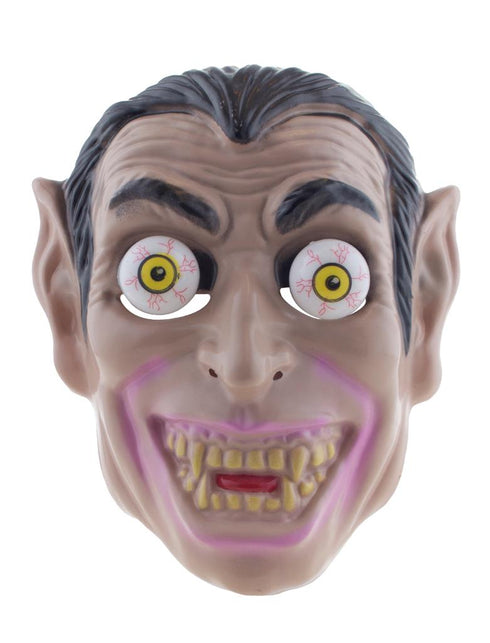 Vampiermasker van pvc met bolle rollende ogen, roze omlijnde grijns en puntige oren