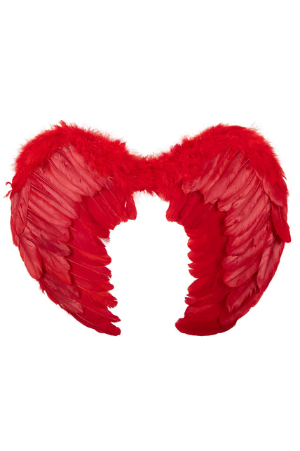Veren vleugels duivel rood luxe met pluizige bovenrand en lange rode slagpennen voor Halloween