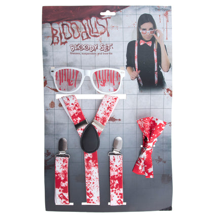 Verkleed set bloodlust op verpakking met bril, bretels met metalen clips en voorgeknoopte strik
