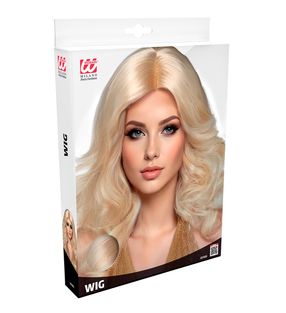 Verpakking van de blonde pruik groovy voor dames met haarstaal aan de voorkant