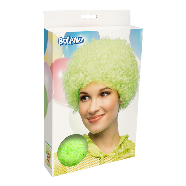 Verpakking van de Boland pruik curly neongroen UV met uv-detailfoto