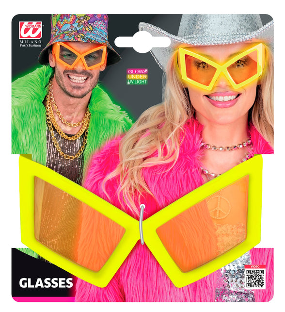 Verpakking van de bril oversized neon geel met vermelding dat hij oplicht onder uv-licht