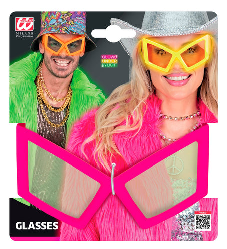 Verpakking van de bril oversized neon roze met vermelding dat het montuur oplicht onder uv-licht