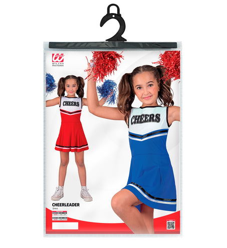 Verpakking van het cheerleader blauw kostuum Maudje kinderen met maattabel voor lengte 116 tot 158 cm