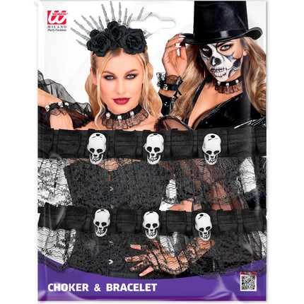 Verpakking van de choker en armband met schedels van zwart kant voor dames