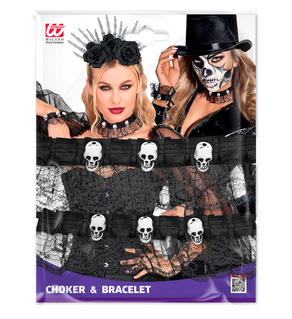 Verpakking van de choker en armband met schedels van zwart kant voor dames