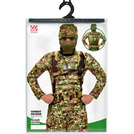 Verpakking van het combat soldaat kostuum Finn met spierenshirt, broek en masker, maten 128 tot 158 cm