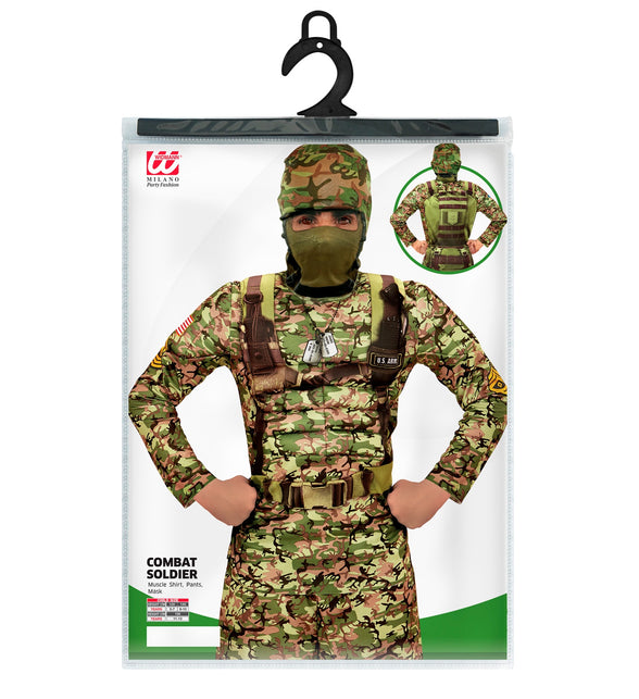 Verpakking van het combat soldaat kostuum Finn met spierenshirt, broek en masker, maten 128 tot 158 cm