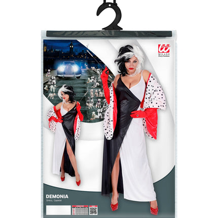 Verpakking Cruella kostuum dames met jurk en cape, maten S tot XL