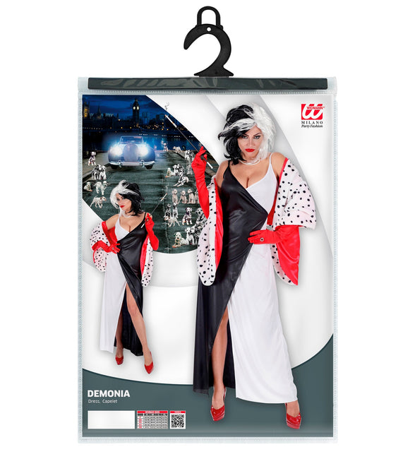Verpakking Cruella kostuum dames met jurk en cape, maten S tot XL