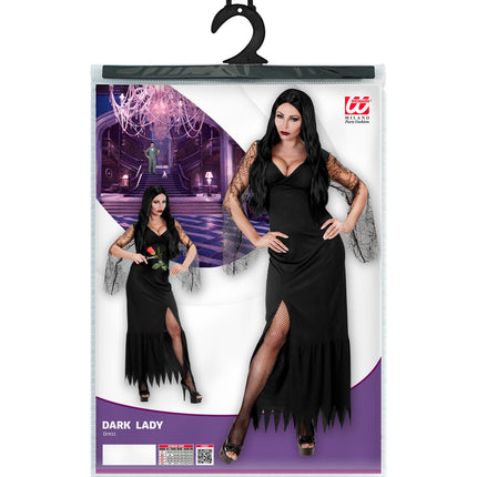 Verpakking van de Dark lady Dusty jurk met maattabel XS tot L