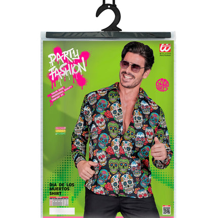 Verpakking van het dia de los muertos shirt van Widmann met maattabel S tot XXL