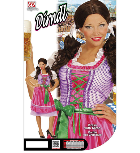 Verpakking dirndl jurk roze groen met jurk en schort, Beiers geruit lijfje in close-up