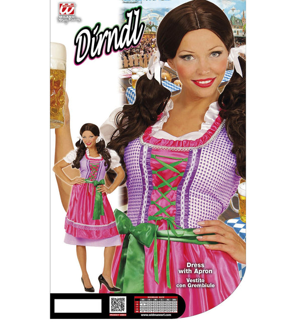 Verpakking dirndl jurk roze groen met jurk en schort, Beiers geruit lijfje in close-up