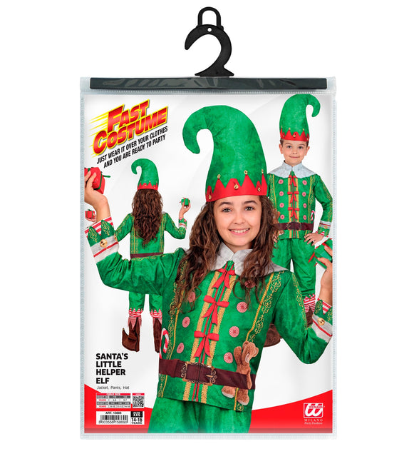 Verpakking van het driedelige elf kostuum kinderen met jas, broek en muts