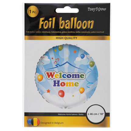 Verpakking van de folieballon Welcome Home, 1 stuk van circa 46 cm met blauwe luchtprint