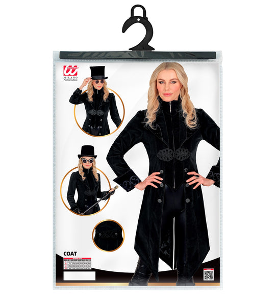 Verpakking van de gothic jas dame Vera met damesmaten XS tot XXL op de maattabel