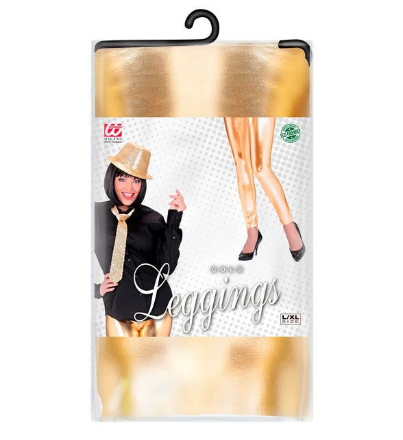 Verpakking van de gouden legging glans in maat L/XL met goudkleurige stof zichtbaar
