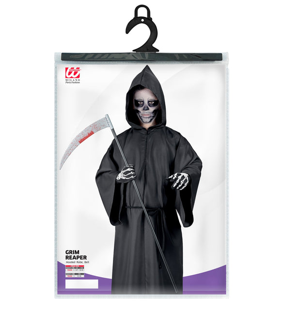 Verpakking grimreaper kostuum kinderen Donny met gewaad en riem, kindermaten 128 tot 158 cm