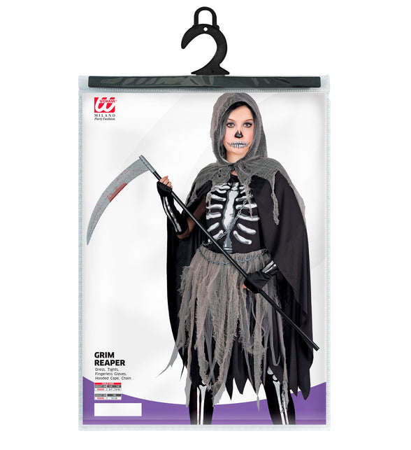 Verpakking Grimreaper kostuum kinderen Skelety met maataanduiding 128, 140 en 158 cm