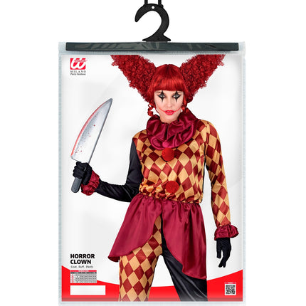 Verpakking horror clown kostuum Sara met jas, geplooide kraag en broek in maten XS tot XL