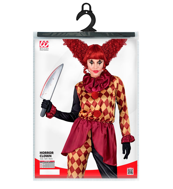 Verpakking horror clown kostuum Sara met jas, geplooide kraag en broek in maten XS tot XL