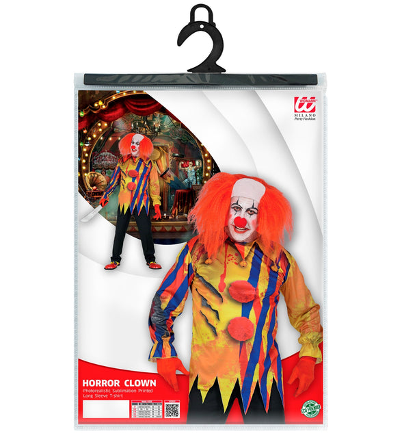 Verpakking van het horror clown shirt psycho met maattabel van Widmann