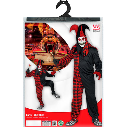Verpakking horror harlekijnspak met jumpsuit, masker met capuchon en hoed in maten S tot XL