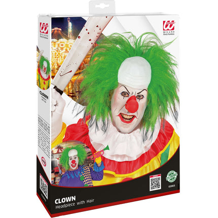 Verpakking van de horrorclown pruik groen van Widmann met groene clownspruik op de voorkant