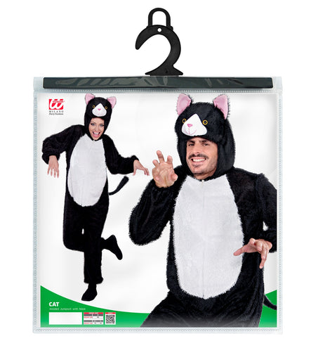 Verpakking van het kattenpak Catty met kattenjumpsuit en kap in maten M en XL