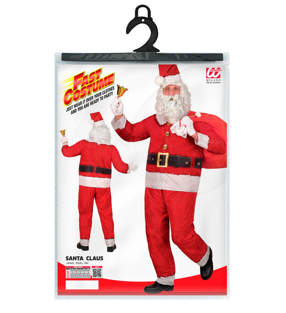 Verpakking van het kerstman kostuum Thijs met jas, broek en muts in herenmaten