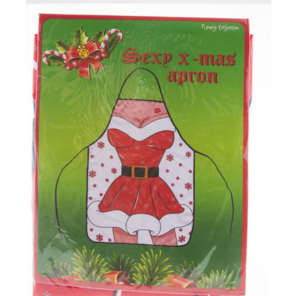 Verpakking van het kerstschort Belinda van Funny Fashion met afbeelding van de kerstjurkprint