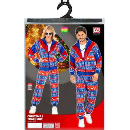 Verpakking van het kersttrainingspak met jas en broek en de maten S tot XXL