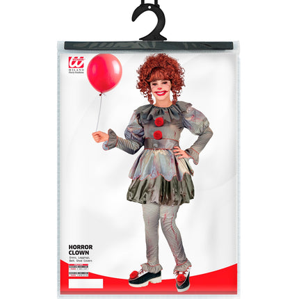Verpakking killer clown kostuum met jurk, legging, riem en overzetschoenen in kindermaten