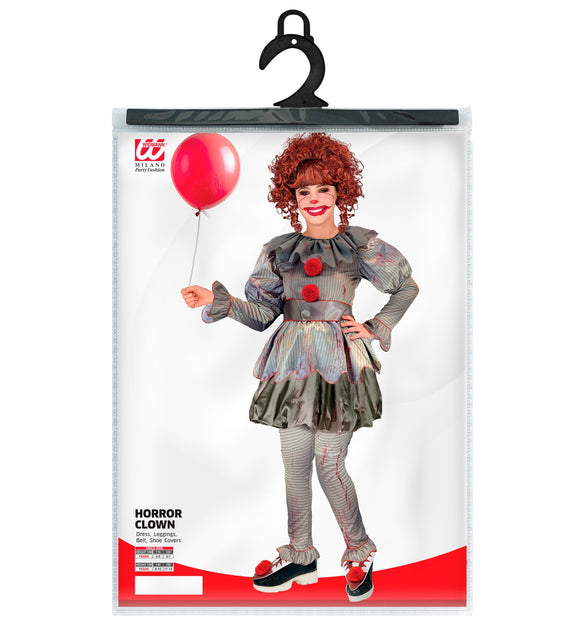 Verpakking killer clown kostuum met jurk, legging, riem en overzetschoenen in kindermaten