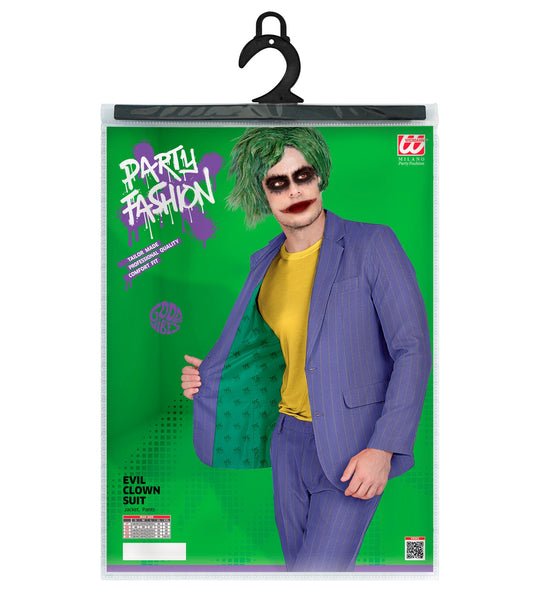 Verpakking van het kostuum wreede clown suit met maattabel S tot XXL