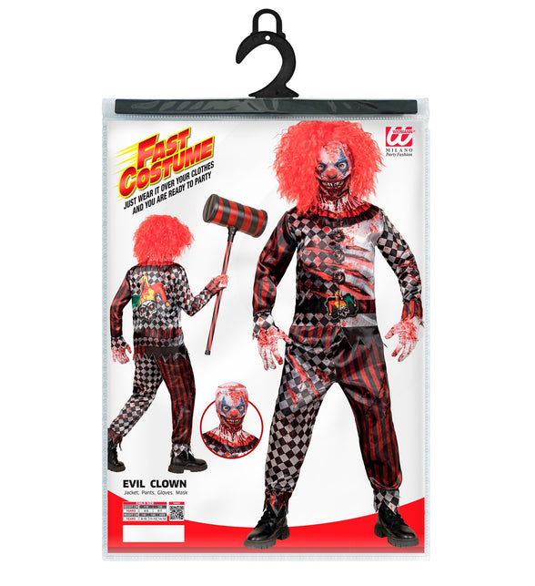 Verpakking van het kwaadaardige clown kostuum Mila met jas, broek, handschoenen en masker