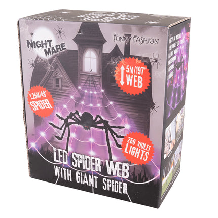 Verpakking van het led spinnenweb met spin van Funny Fashion met 250 violette led-lampjes