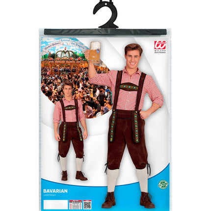 Verpakking van de lederhose Beiers bruin met maattabel M, L en XL