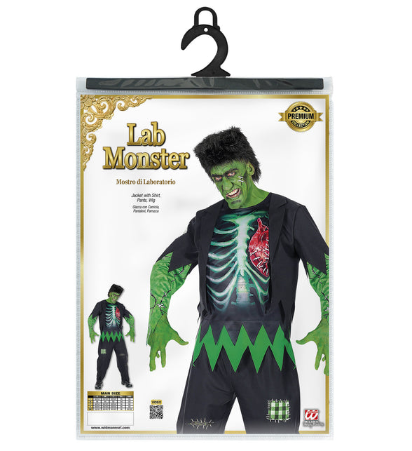 Verpakking monster pak Puck heren met jas, shirt, broek en pruik en maattabel S tot XXL