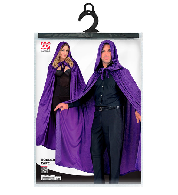 Verpakking van de paarse cape met kap van Widmann, artikel 21411, lengte 140 cm