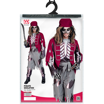 Verpakking piraat skelet kostuum Jack met shirt, vest, riem en broek in maten S tot XL