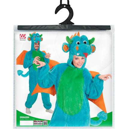 Verpakking van het pluche drakenkostuum Drake van Widmann met maten M, L en XL