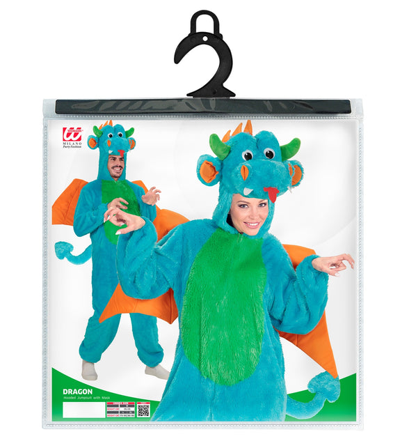 Verpakking van het pluche drakenkostuum Drake van Widmann met maten M, L en XL