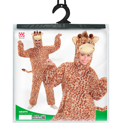 Verpakking van het plushe giraffe pak Gary met capuchon, jumpsuit en maatoverzicht