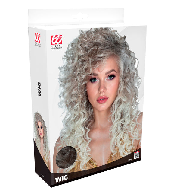Verpakking van de pruik supercurls dames met blonde krullenpruik op de doos