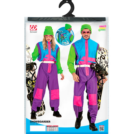Verpakking retro snowboarder kostuum met overall en riem, jaren 80 neon wintersportlook