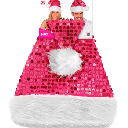 Verpakking van de roze paillettenkerstmuts met witte pluche pompon