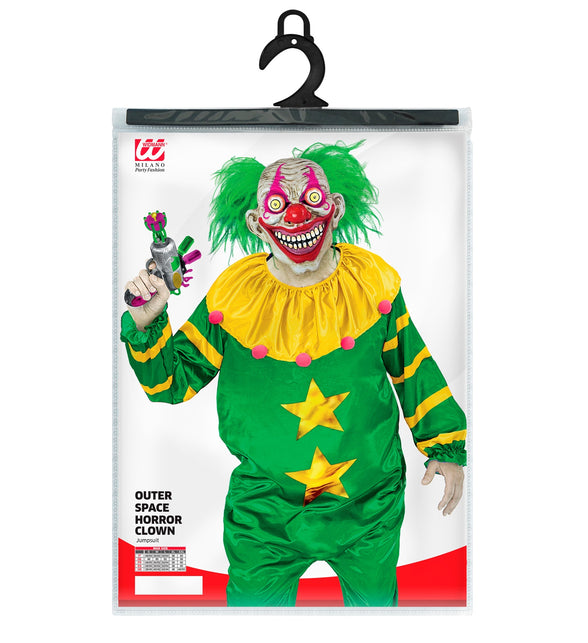 Verpakking van het ruimte horror clown kostuum Mees van Widmann met maattabel S tot XXL