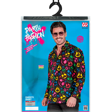 Verpakking van het shirt grappige geesten met maattabel S tot XXL en vermelding uv-licht